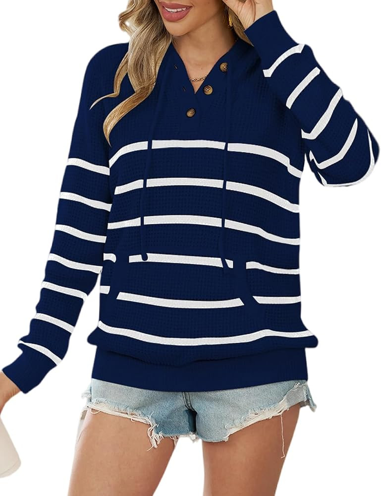 CiCiBird Women's Fall Hoodies Sweater V Neck Waffle Knit Top with Pocket | Amazon (US)