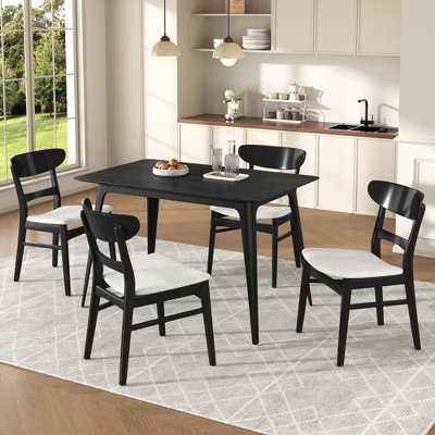 KWPZQEB 5-Piece Dining Table Set, Solid Wood Kitchen Table with 4 Upholstered Chairs, Mid-Century Modern Table & Chair Set, Black & Beige | Target