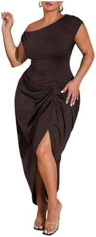 Floerns Women's Plus Size Asymmetrical Neck Long Dress Ruched Slit Hem Cocktail Dress | Amazon (US)