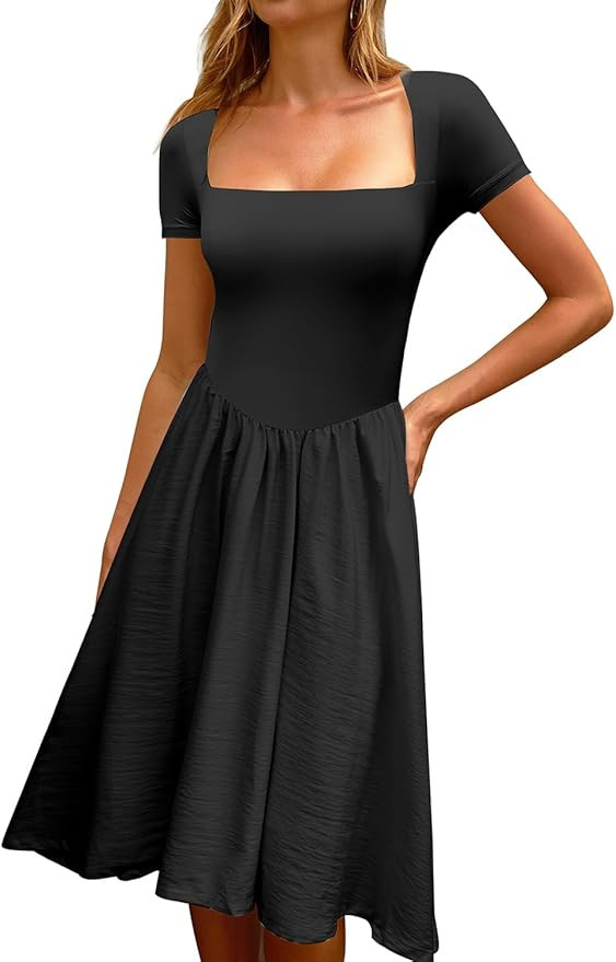 CHYRII Women Fashion Summer 2025 Square Neck Short Sleeve A-Line Midi Dress Long Sundress | Amazon (US)