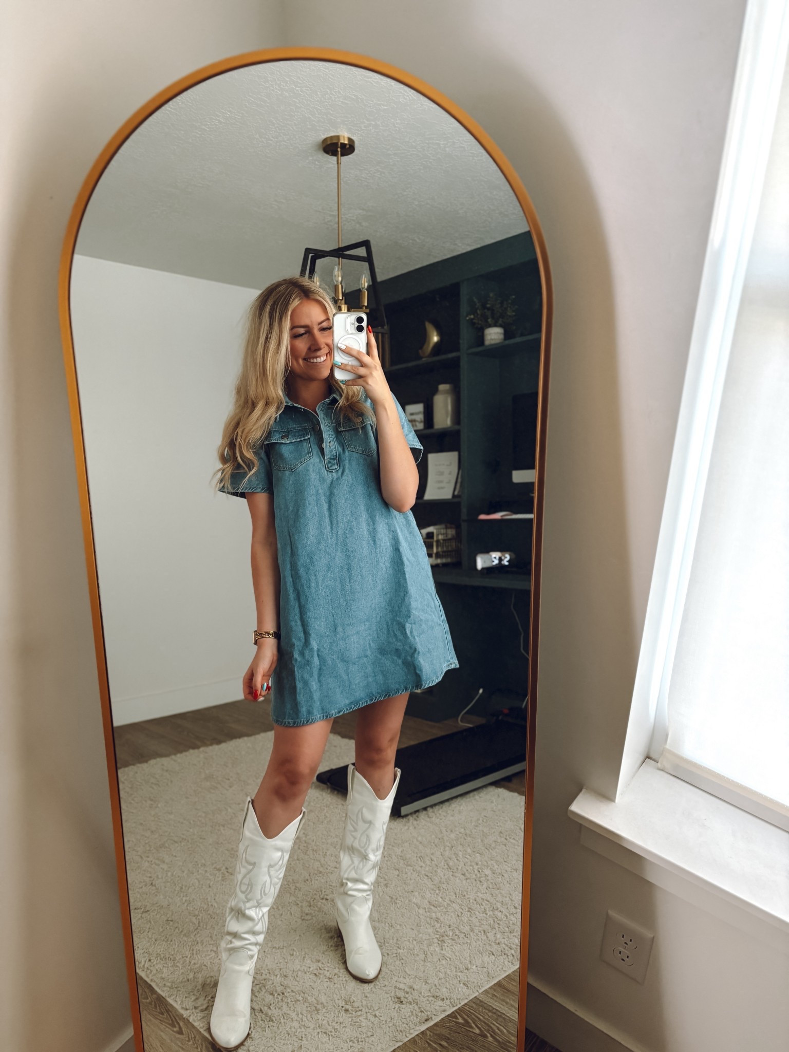 Rodeo outfit! 
Denim dress: wearing usual M, I’d say it runs slightly small 
White cowgirl boots: size up half 

| western outfit | country concert outfit | rodeo outfit | cowgirl outfit 

#LTKSummerEdit #LTKFindsUnder100 #LTKSeasonal