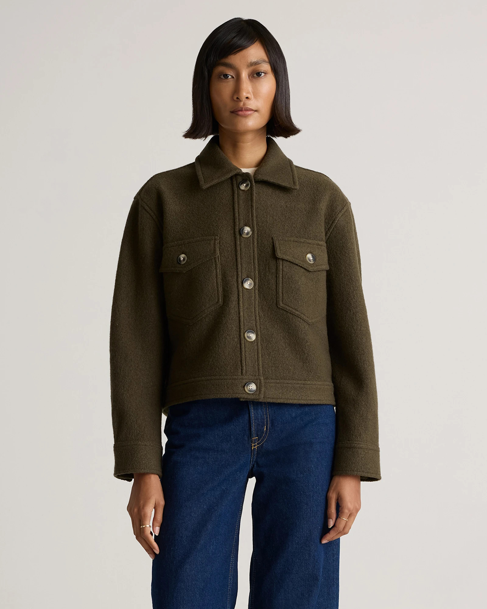Quince | Women's 100% Merino Wool Cropped Shirt Jacket in Heather Bone, Size Large | Quince