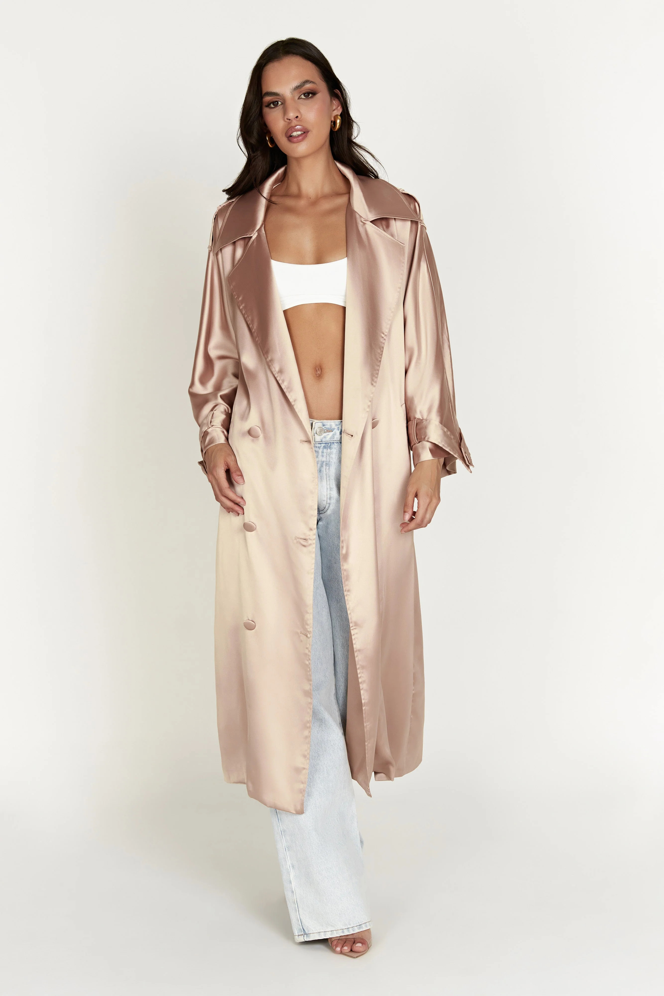 Azaela Satin Trench Coat - Champagne | MESHKI US
