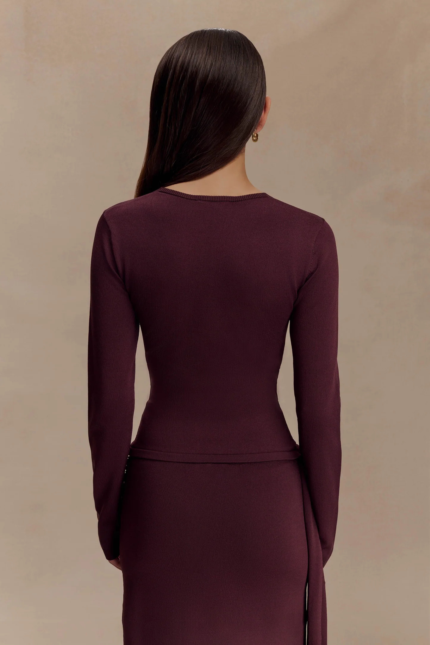 Miraby Front Ruched Knit Long Sleeve Top - Dark Chocolate | Meshki UK