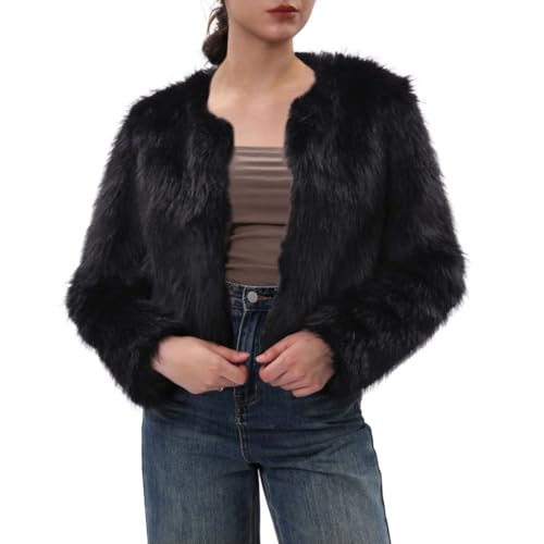 Amazhiyu Women's Faux Fur Cropped Coat Pockets Long Sleeve Open Front Winter Jacket Black, X-Large | Amazon (US)