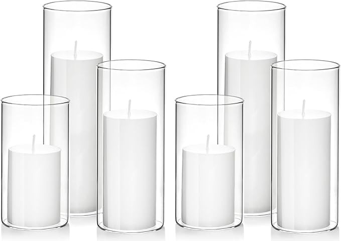 Pillar Candles and Glass,Set of 6 Pillar White Pillar Candles and Glass Cylinder Vases Clear Cyli... | Amazon (US)