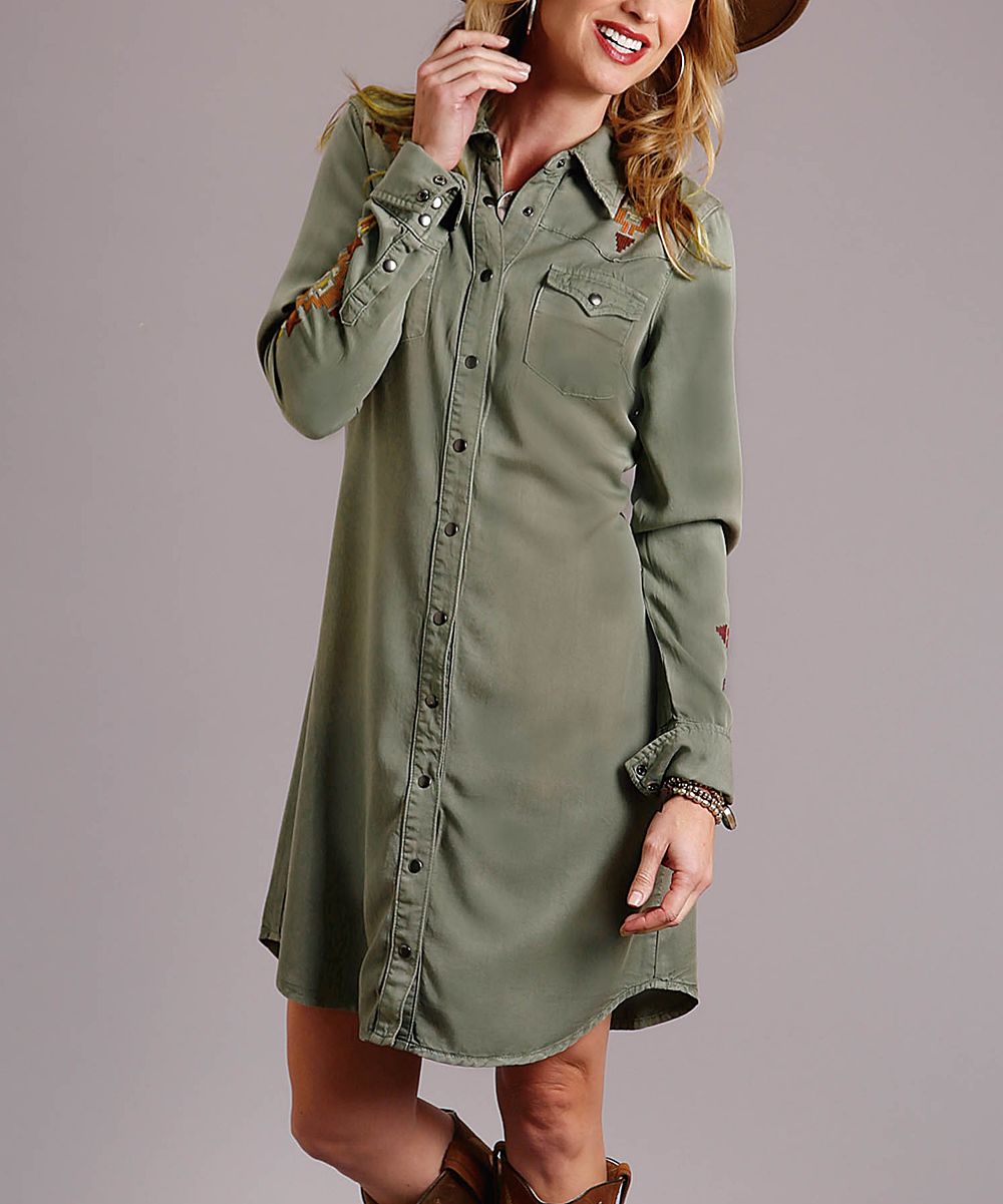 Stetson Women's Tee Shirt Dresses GREEN - Olive Green Geometric Embroidered-Back Shirt Dress | Zulily