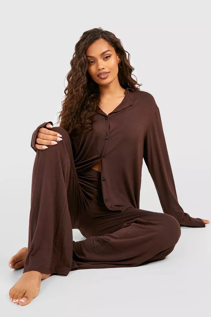 Jersey Short Sleeve Button Up Pj Shirt | Boohoo.com (UK & IE)
