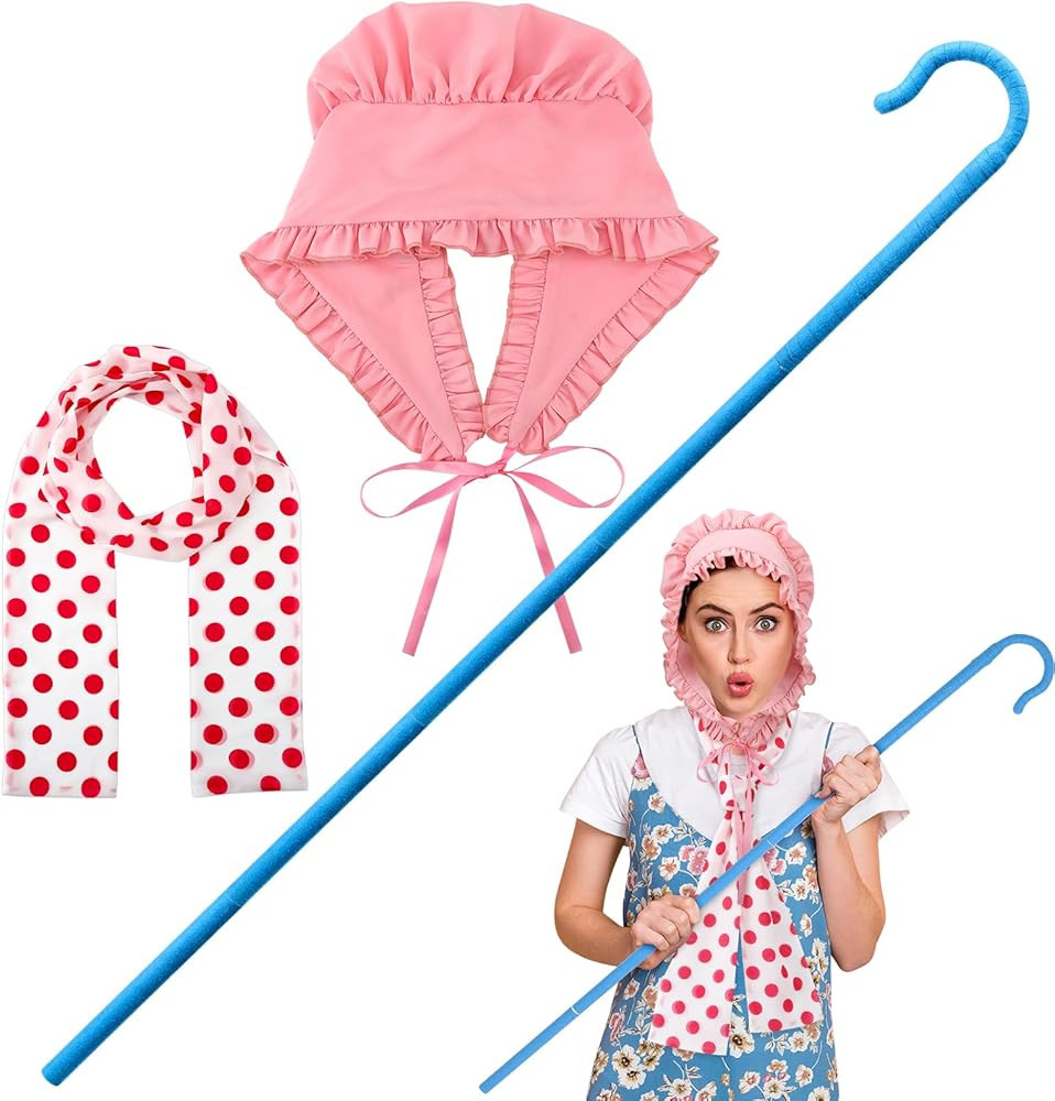 3 Pcs Shepherdess Costume Include Shepherd Staff Pink Bonnet Hat Pink Spotted Scarf for Women Par... | Amazon (US)