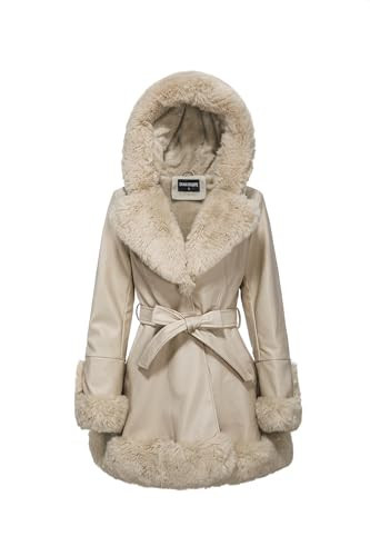 GRAN ORIENTE Faux Leather Jacket for Women with Faux Fur Collar Long Sleeve Furry Parka Outerwear with Hood Warm Lined Winter Coat with Belt (GK024 Beige M) | Amazon (US)
