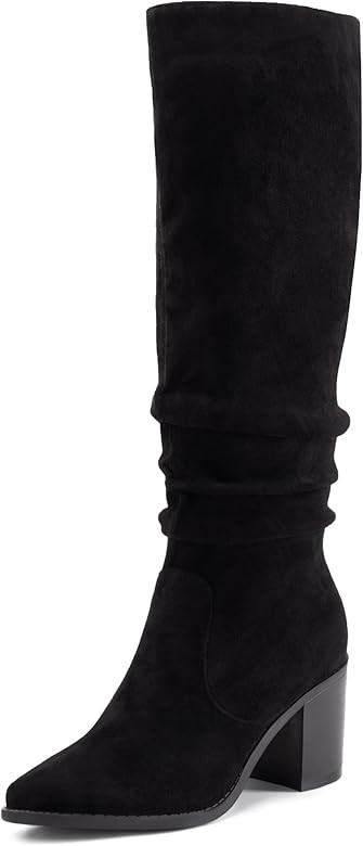 Athlefit Womens Knee High Chunky Heel Boots Faux Suede Pointed Toe Side Zipper Boots | Amazon (US)
