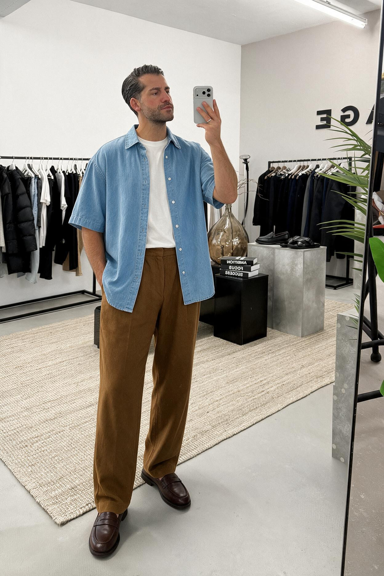 Washed Blue trifft Camel – leichtes Leinenhemd offen über weißem T-Shirt, dazu eine weite Hose in warmem Camel und braune Wildleder-Loafer. Frische Farbkombi für heiße Tage. Alle Teile & Alternativen direkt hier shoppen! 

 #LTKdeutschland #LTKherren #LTKsummer