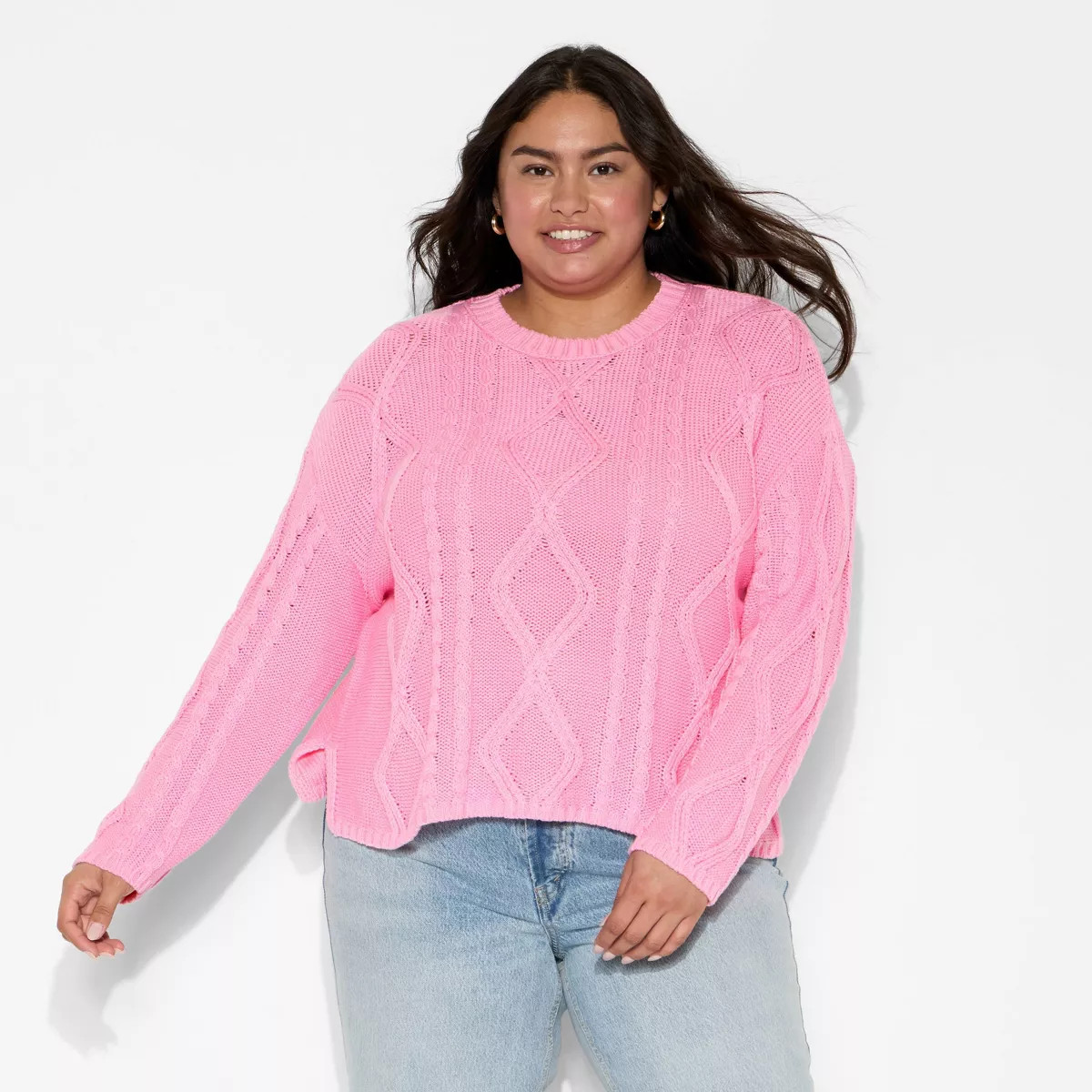 Women's Crewneck Cotton Cable Pullover Sweater - Wild Fable™ Vibrant Pink 1X | Target