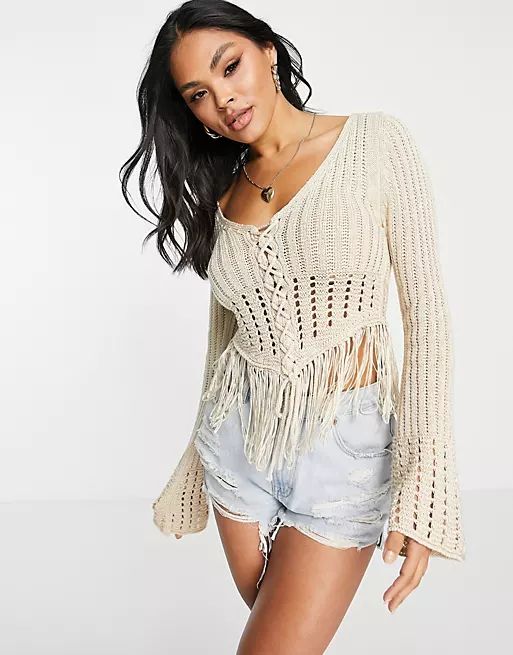 ASOS DESIGN pointelle sweater with lace up front and fringe hem in cream | ASOS (Global)