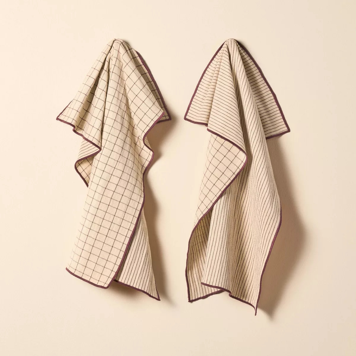 2ct Reversible Grid/Stripe Kitchen Towels Natural/Burgundy - Hearth & Hand™ with Magnolia | Target