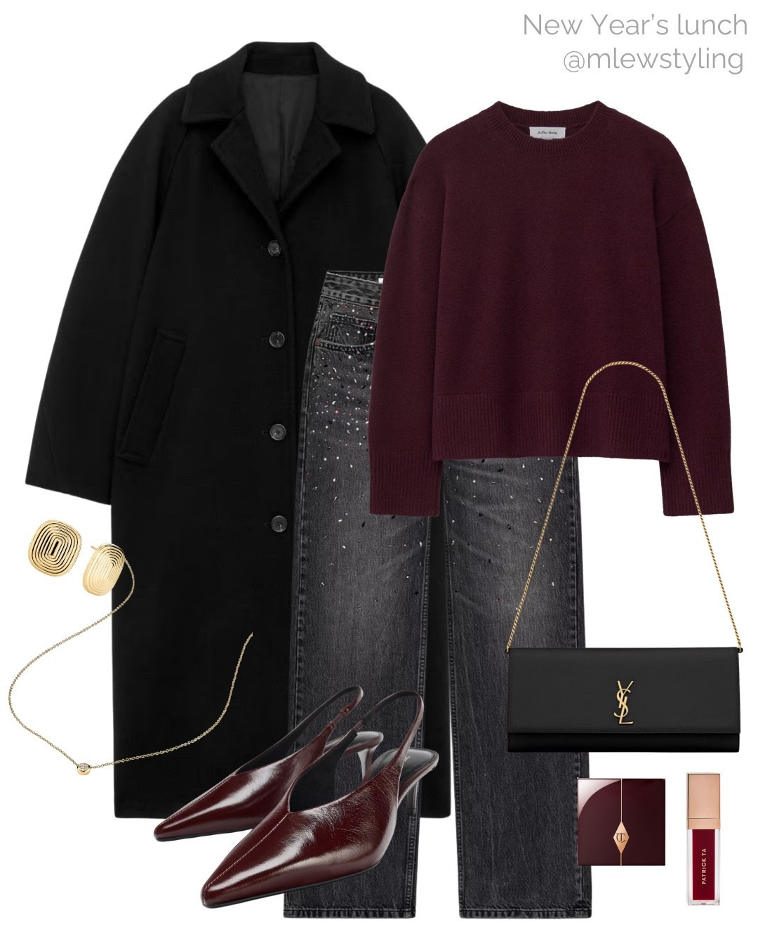 What to wear for New years lunch ✨

Tags: winter outfit, holiday look, new in Zara sparkle jeans, ysl shoulder bag, burgundy adidas slingback heels, Sephora markup, diamond necklace, Mejuri gold earrings, oversized wool coat, Abercrombie sweater 