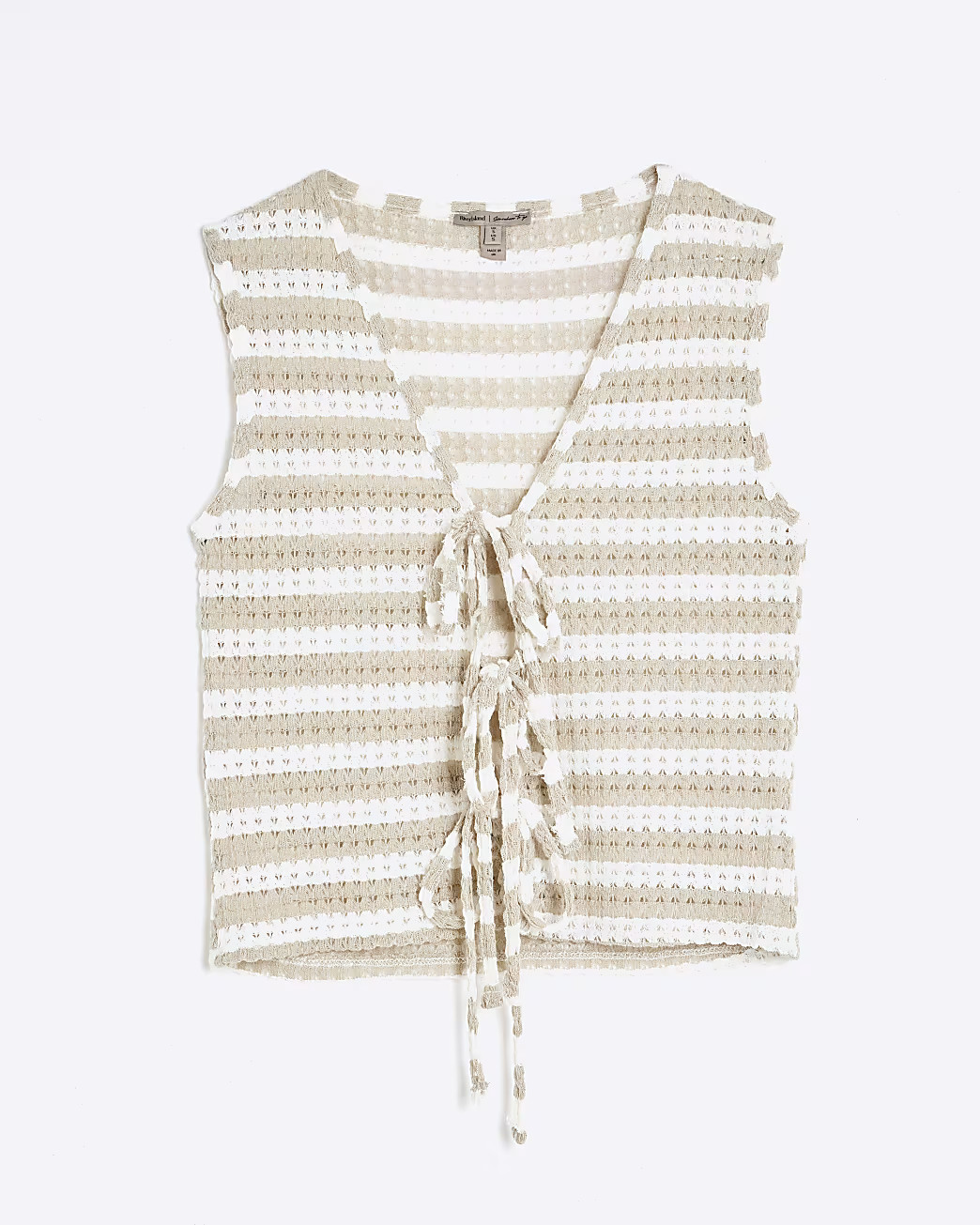 Cream Tie Front Striped Crochet Top | River Island UK & IE