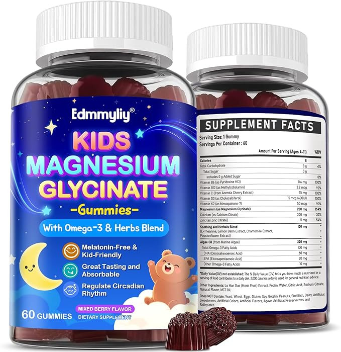 Kids Magnesium Glycinate Gummies - Magnesium Glycinate Supplement 200mg with L-theanine Omega-3 C... | Amazon (US)