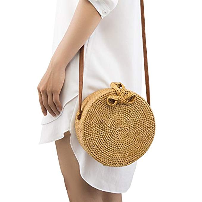 Handwoven Round Rattan Bag Shoulder Leather Straps Natural Chic Hand NATURALNEO | Amazon (US)