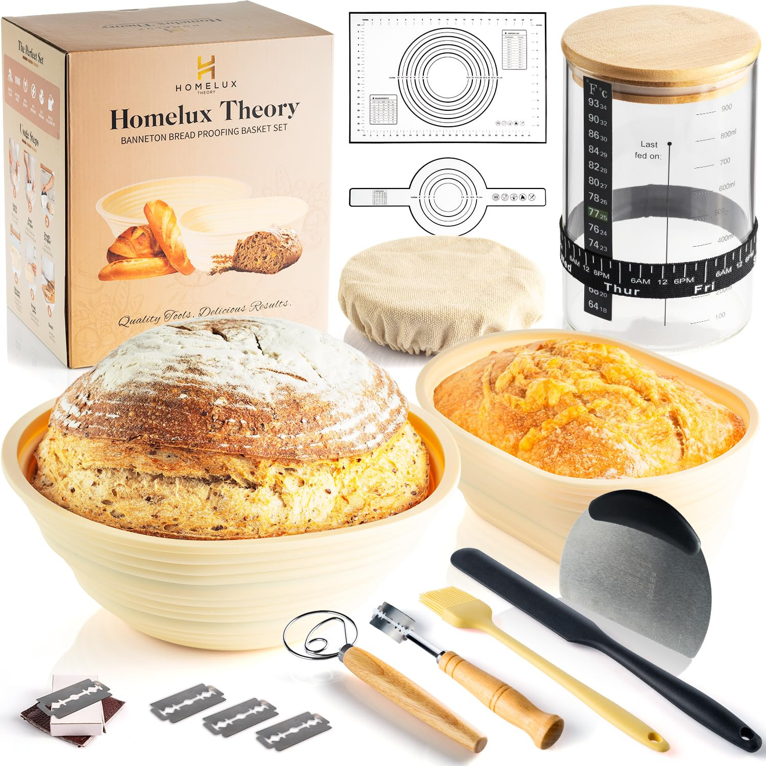 Sourdough Starter Kit, Sourdough Bread Baking Supplies with 2 Silicone Banneton Baskets, 34oz Sou... | Amazon (US)