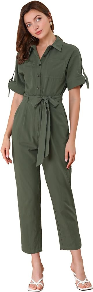 Allegra K Women's Short Sleeve Collared Cropped Coverall Button Down Tie Waist Cotton Cargo Jumps... | Amazon (US)