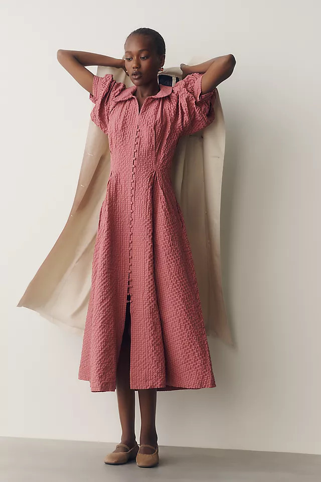 Puff-Sleeve Textured Midi Shirtdress | Anthropologie (US)
