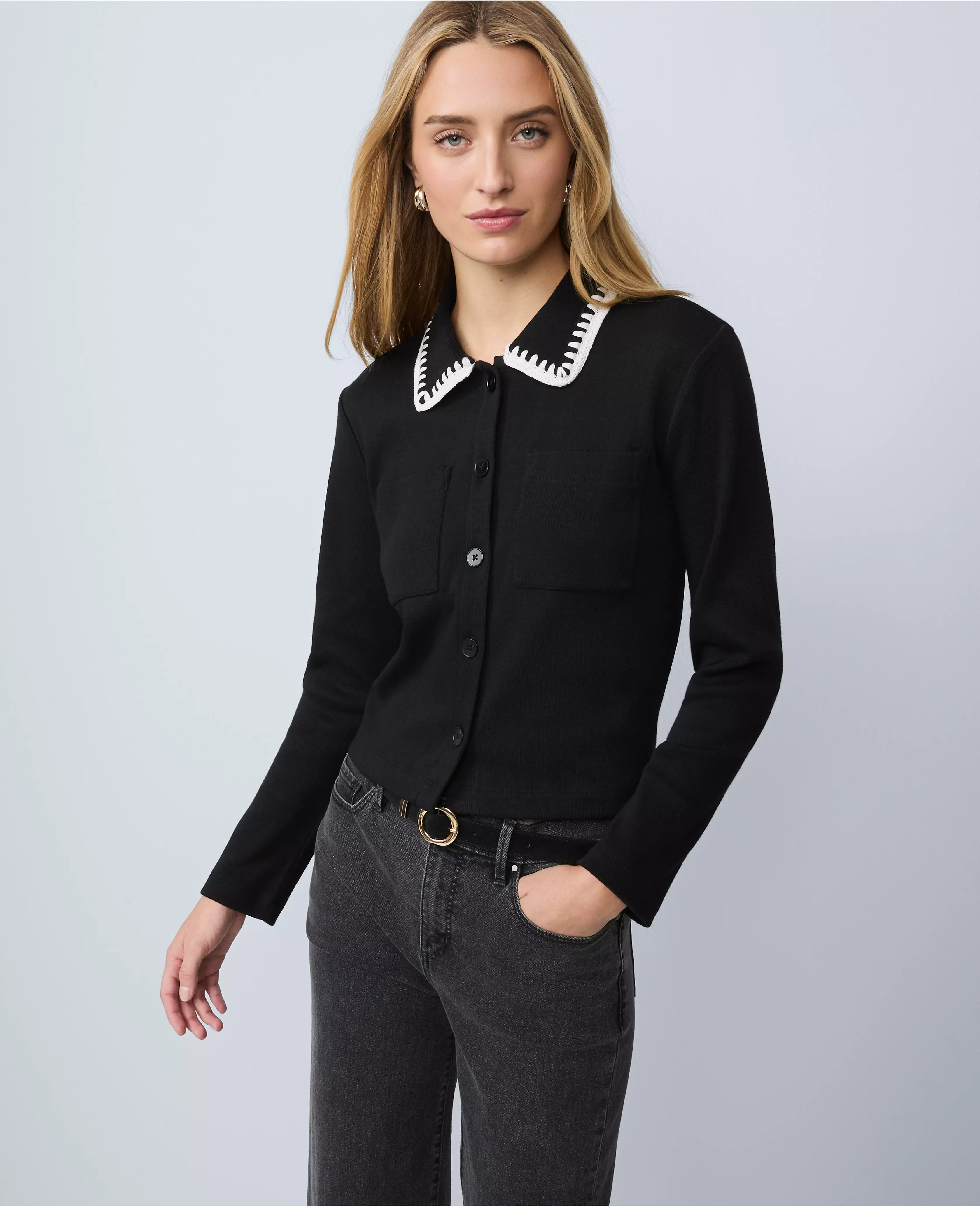 Weekend Collection Crochet Trim Knit Jacket | Ann Taylor