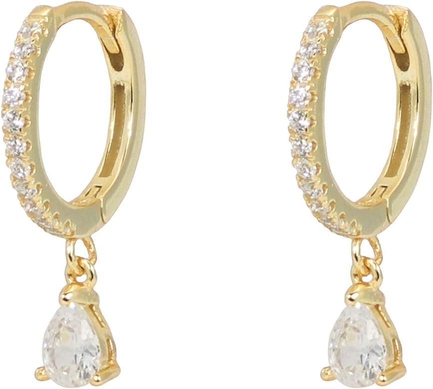 Dangle Hoop Earrings CZ Drop Diamond Hoops Small Gold Hoops Gold Huggie Earrings Hoop Earrings fo... | Amazon (US)