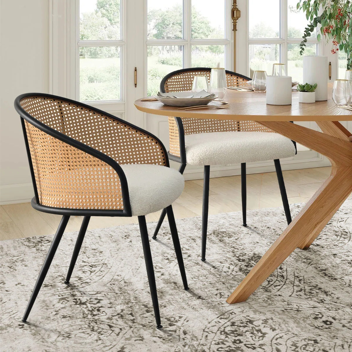 19" Seat Height Rattan Boucle Kitchen Dining Armchair | Wayfair North America