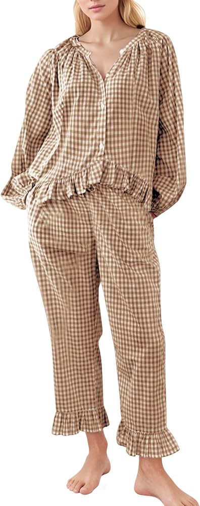 PEHMEA Women's Gingham Cotton Pajama Set, Cute 2 Piece Plaid Ruffle PJs with Long Pants Button Do... | Amazon (US)