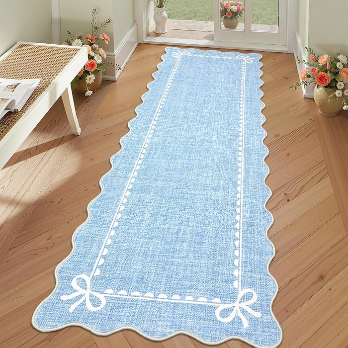 GarveeHome Scalloped Bow Rug for Living Room, Solid Blue Rug for Dorm, Washable Runner Rug 2.5x10... | Amazon (US)