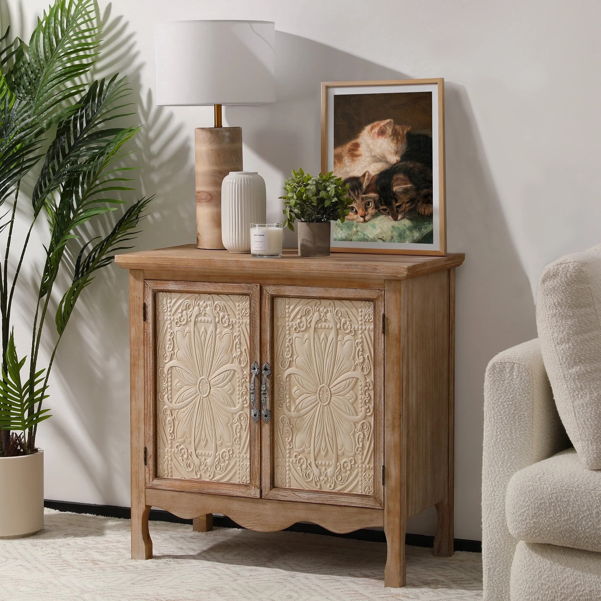 Royalcraft Accent Cabinet Rustic Storage Cabinet with 3 Carved Doors, Vintage Sideboard Buffet Cabinet with Shelves, Wood Entryway Cabinet for Kitchen, Dining Room, Living Room, Bedroom, Natural | Walmart (US)