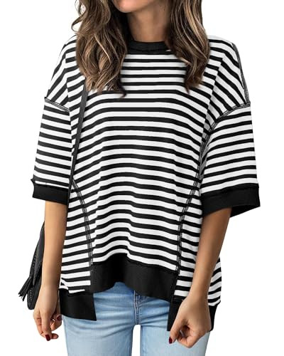 BTFBM Women Oversized Striped T Shirts Short Sleeve Summer Tops Casual Loose Crewneck High Low He... | Amazon (US)