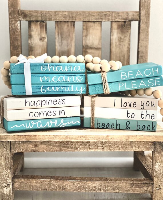 Mini Wood Book Stack/Beach Decor/Tiered Tray Decor/Beach House Decor/Farmhouse Home Decor/Farmhou... | Etsy (US)