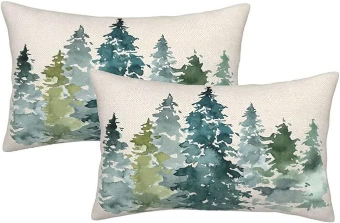 Watercolor Dark Green Tree Pillow Covers 12 X 20 Inch Set of 2, Nature Themed Christmas Throw Pil... | Amazon (US)