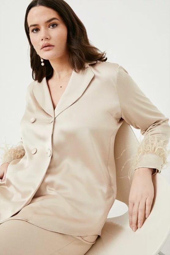 Curve Satin Crepe Db Feather Jacket | Karen Millen UK & IE