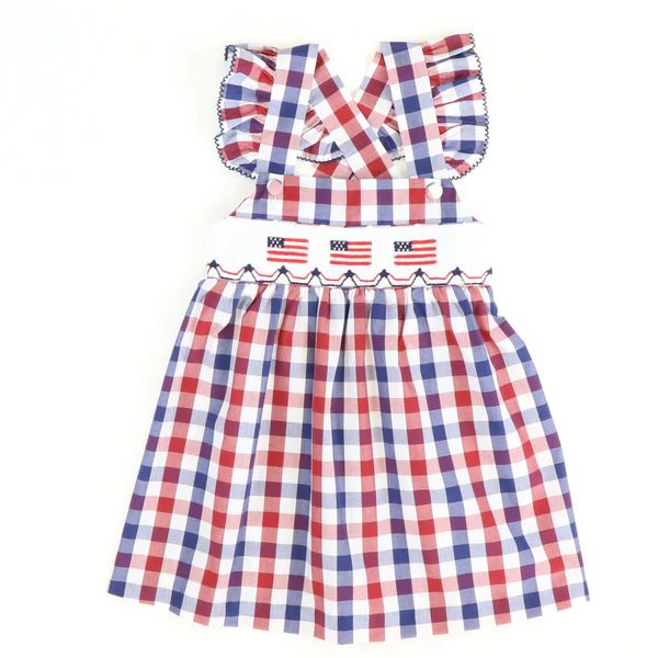 Smocked Flags Ruffle Strap Dress - Red & Blue Wide Check | Southern Smocked Co.