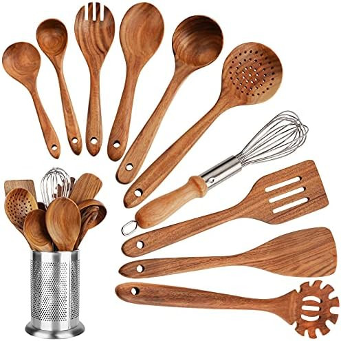 Kitchen Utenails Set with Holder,Kitchen Wooden Utensils for Cooking , Wood Utensil Natural Teak ... | Amazon (US)