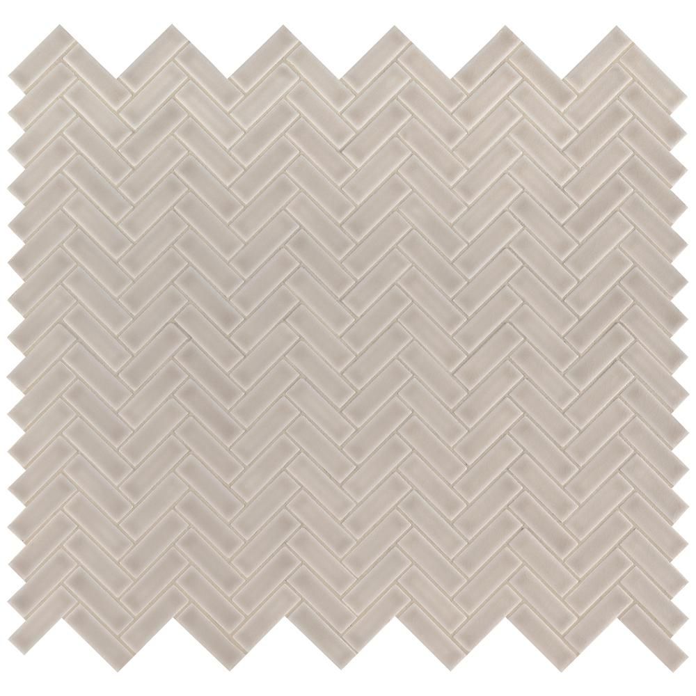Portico Pearl Herringbone 11.3 in. x 12.56 in. x 8mm Glossy Ceramic Mesh-Mounted Mosaic Tile (9.8... | The Home Depot