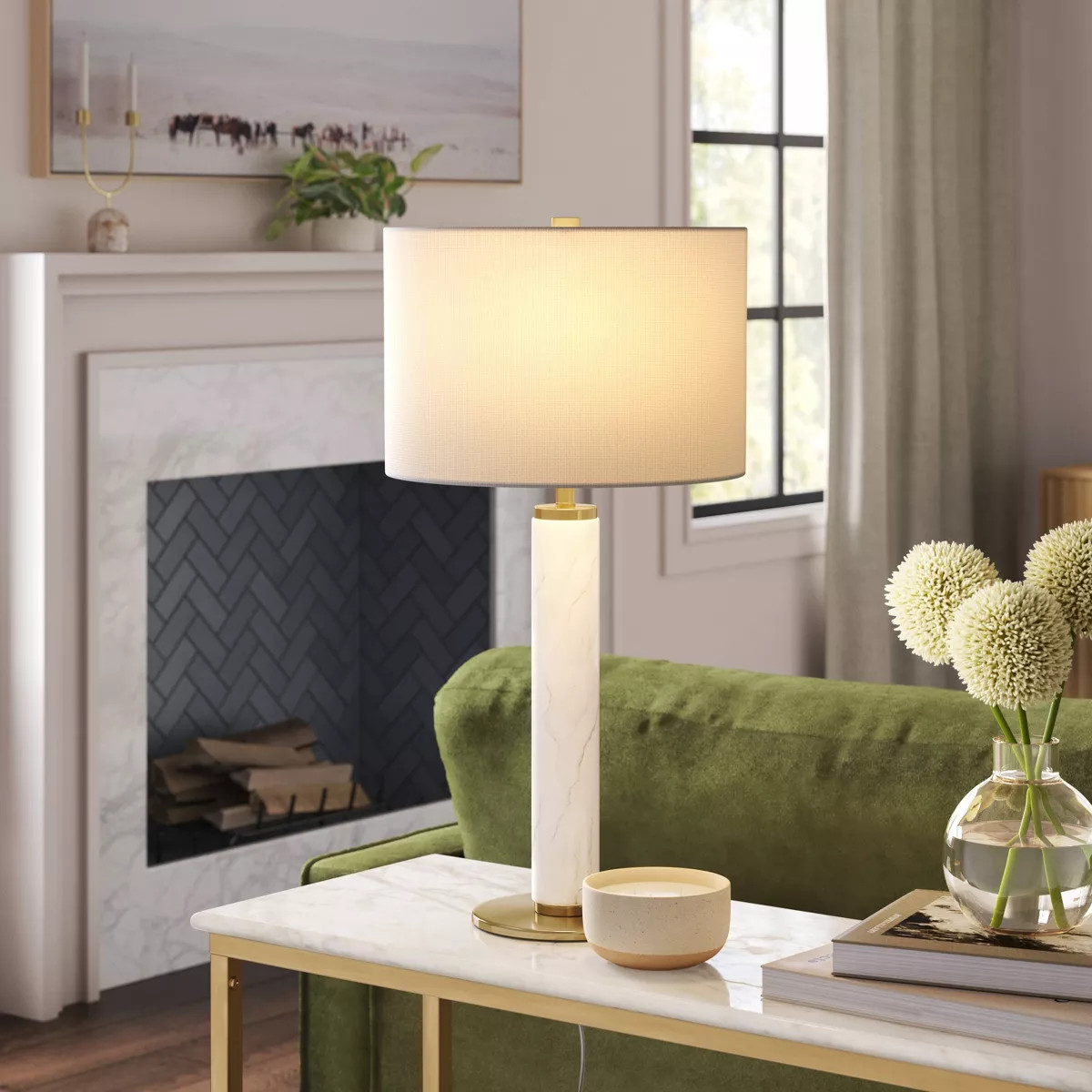 Faux Marble Stick Table Lamp White - Threshold™: Gold Base, Linen Drum Shade, No Assembly Requi... | Target