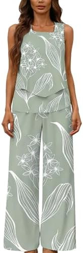 2 Piece Sets for Women Sleeveless Tiered Vest Top and Solid Wide Leg Long Pants Travel Outfits Lo... | Amazon (US)