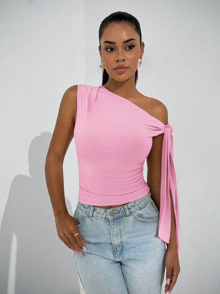 SHEIN BAE Elegant Women's Asymmetric Collar Oblique Shoulder Tie-Up Blouse, Suitable For Everyday... | SHEIN