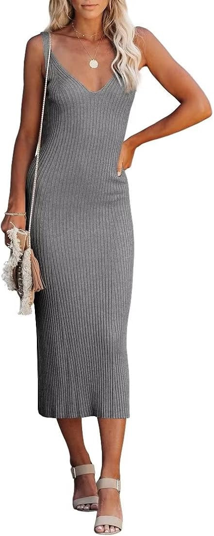 Lacozy Women's 2023 Summer Bodycon Midi Dress Sexy V-Neck Sleeveless Sweater Dress Casual Tank To... | Amazon (US)