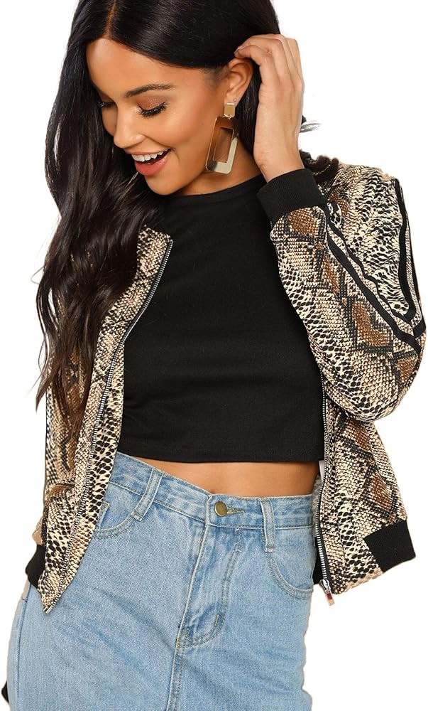 Floerns Women's Snakeskin Print Short Bomber Jacket | Amazon (US)