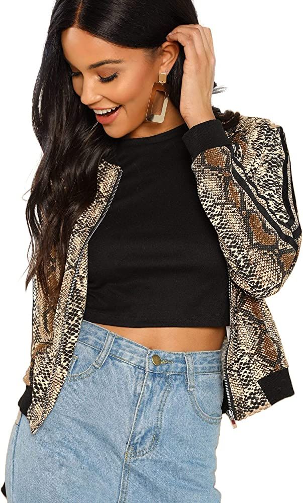 Floerns Women's Snakeskin Print Short Bomber Jacket | Amazon (US)