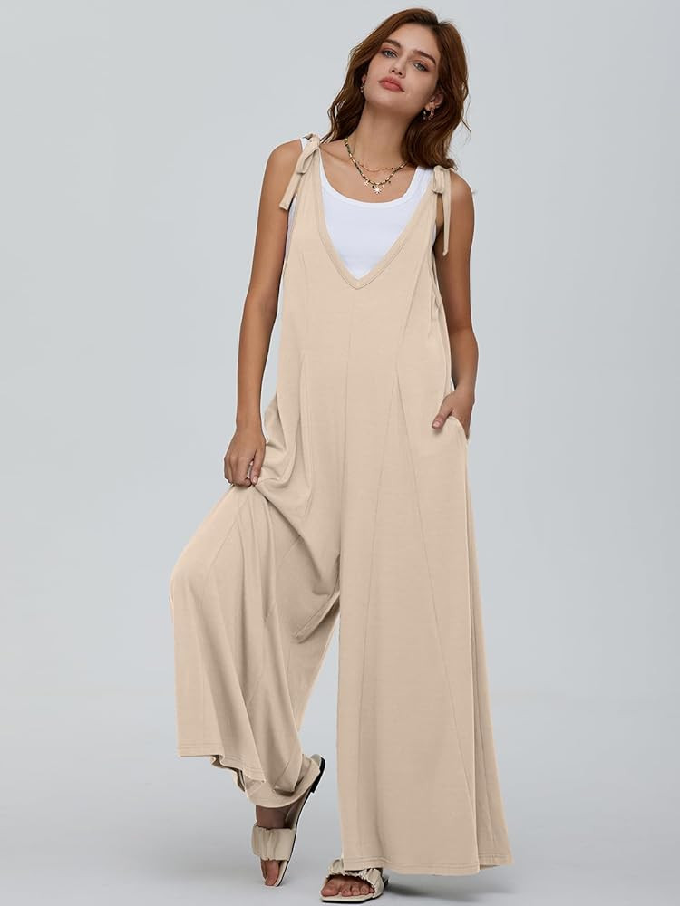 DEEP SELF Women's Summer Causal Jumpsuits Sleeveless Wide Leg Long Rompers V Neck Tie Strap Loose... | Amazon (US)