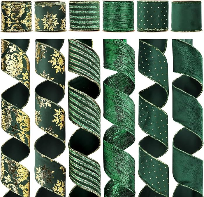Christmas Ribbon Wired Green Velvet Christmas Tree Ribbon Green and Gold Wired Ribbons for X-mas ... | Amazon (US)