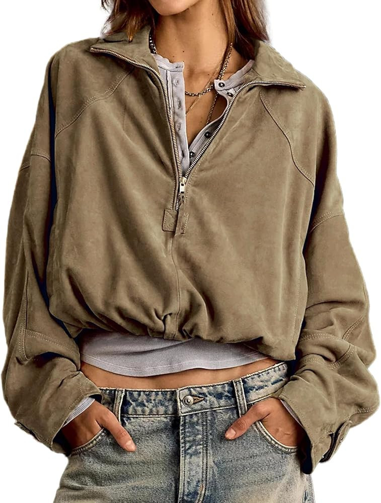 GQBiaoji Women's Half Zip Faux Suede Sweatshirt Lightweight Pullover Bomber Jacket Drop Shoulder ... | Amazon (US)