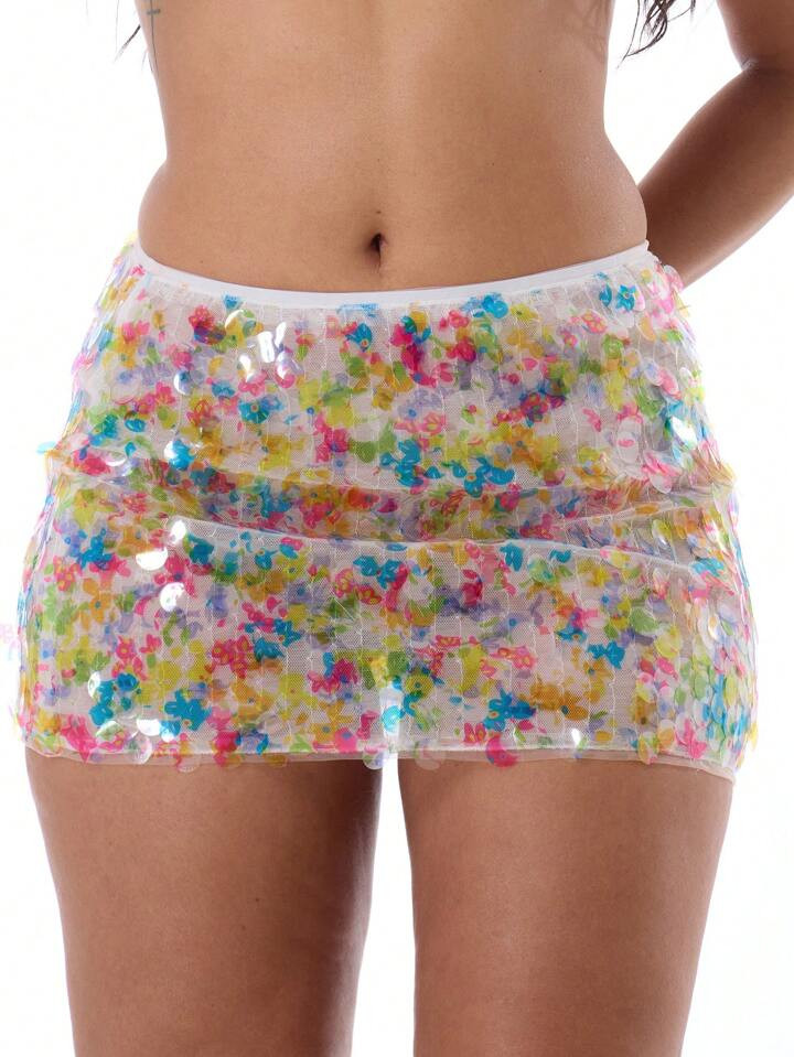 MUSERA Floral Sequin Micro Bodycon Mini Skirt, For Summer, Party | SHEIN