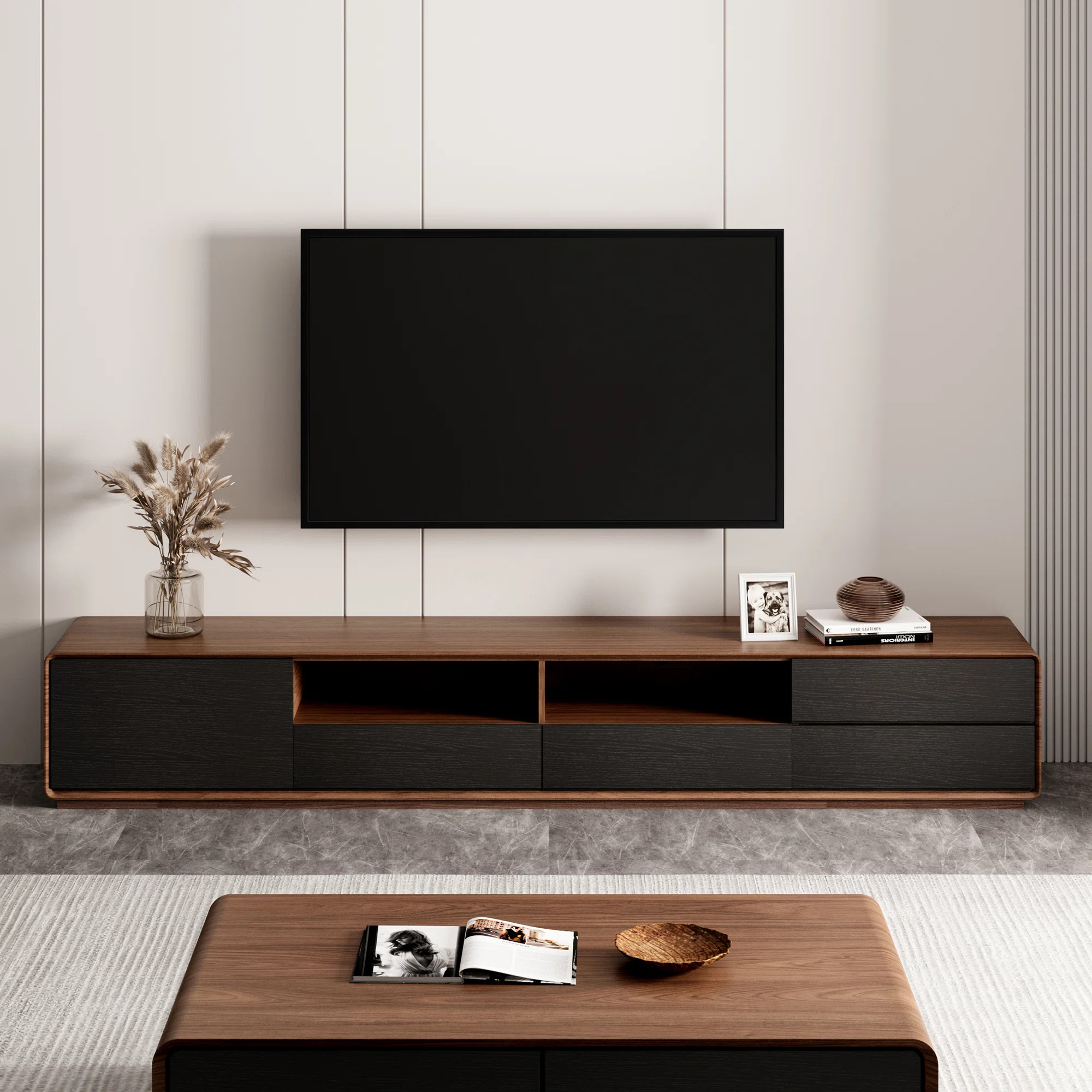 Morford Modern Wood TV Stand Media Console 4 Drawers Open Storage Cabinet Veneer Fully-assembled | Wayfair North America